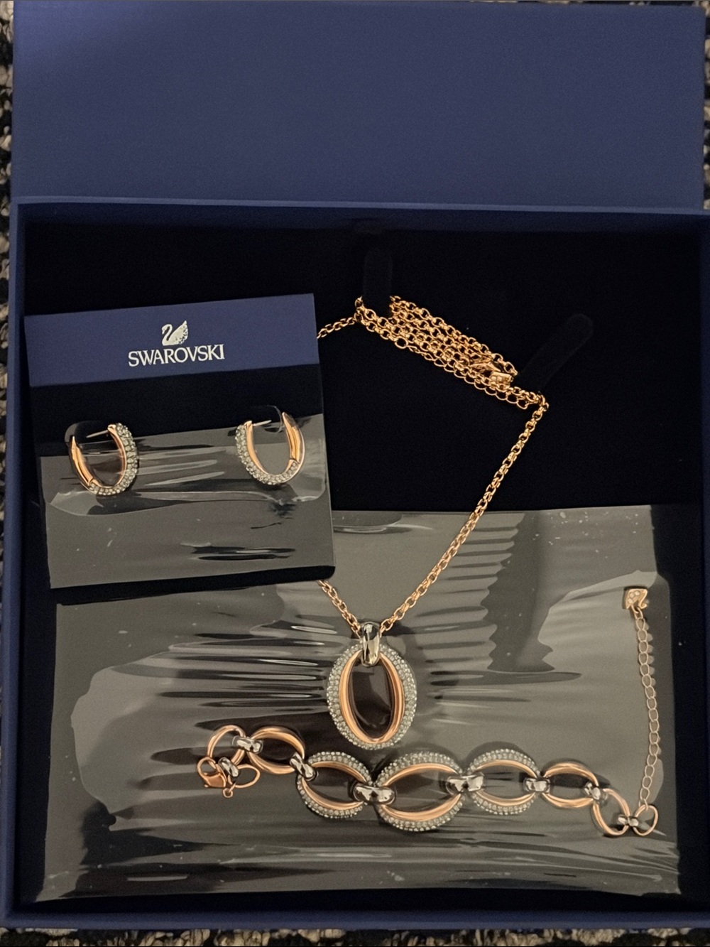 Swarovski Circlet Rose Gold and Silver Crystal Earrings, Necklace,& Bracelet Set